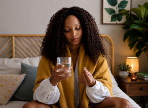 young black woman holding gas-x pill