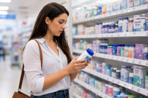 woman looking at antacids