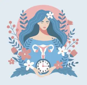Illustration of a woman holding a clock with a uterus symbol on her shirt