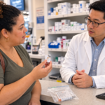 woman talking to pharmacist holding compounded semiglutide