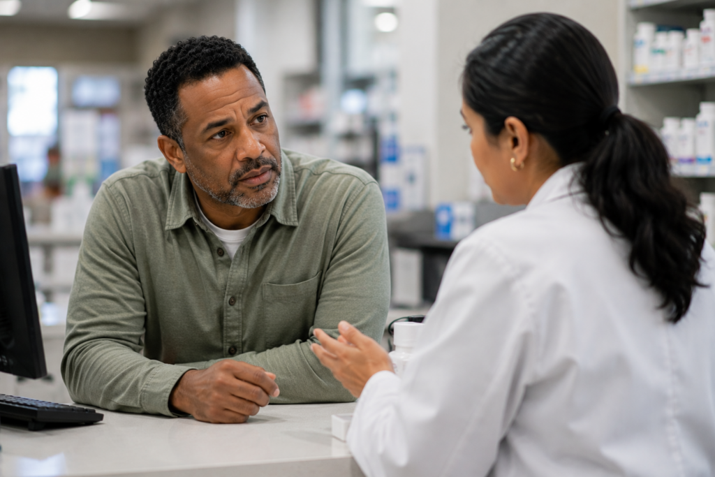 man talking to pharmacist