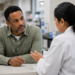 man talking to pharmacist