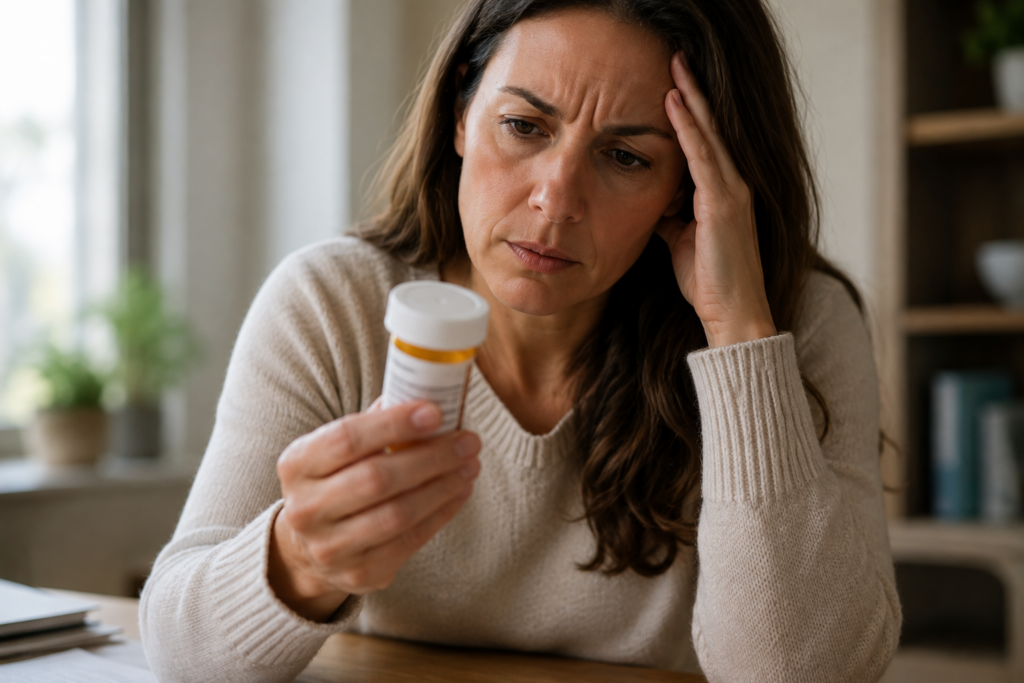 woman reading pill bottle