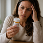 woman reading pill bottle