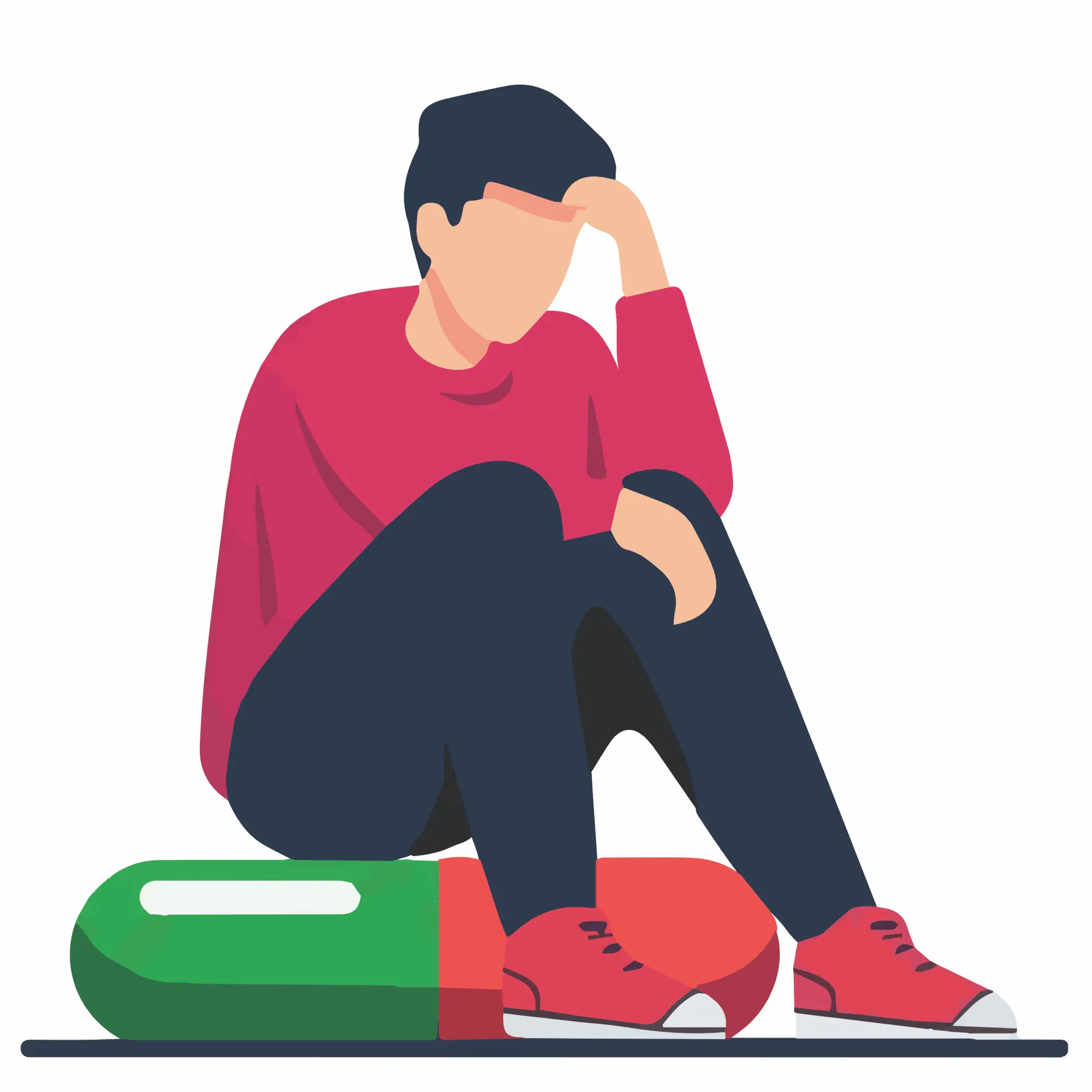 Illustration of a person sitting beside a large capsule