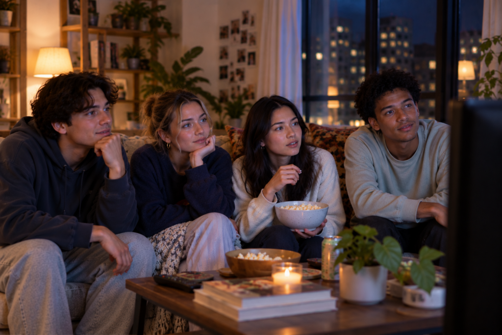 college kids watching drug ads