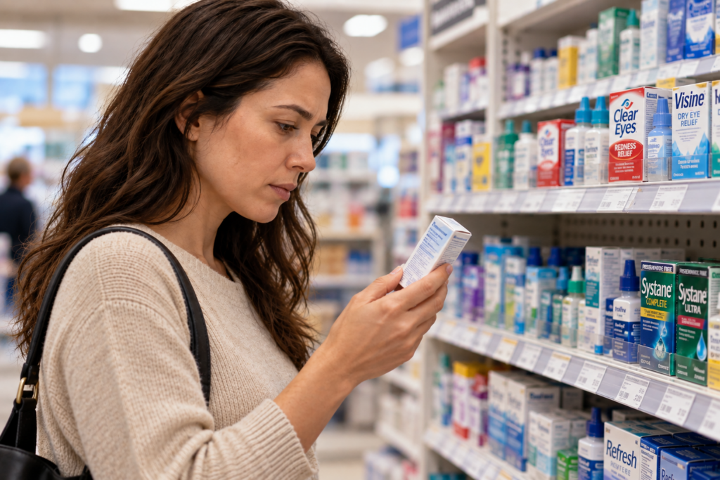 woman looking at eye drops in pharmacy