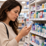 woman looking at eye drops in pharmacy