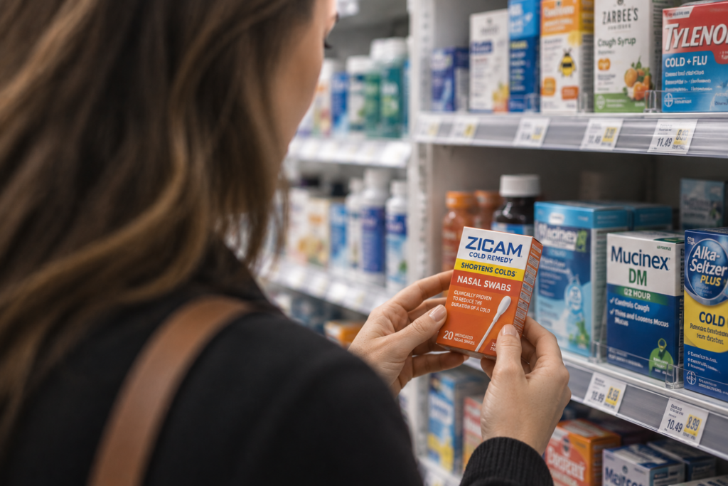 woman looking at zicam in pharmacy