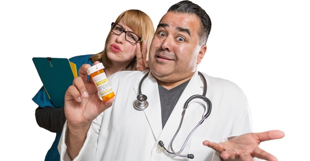 Doctor and nurse with pill bottle