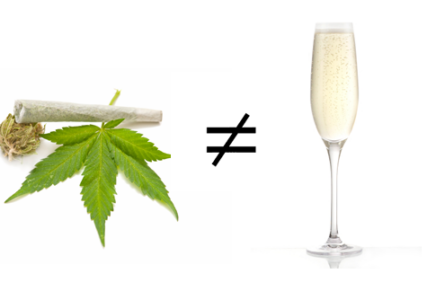 Weed leaf and a glass of wine with a "not equal" sign between them