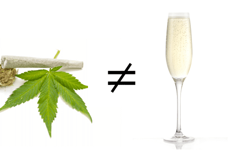 Weed leaf and a glass of wine with a "not equal" sign between them