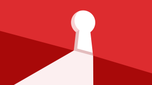 cartoon illustration of a key hole shaped like open door in a red wall