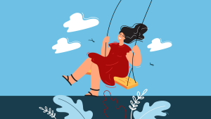 cartoon illustration of a woman swinging on a swing