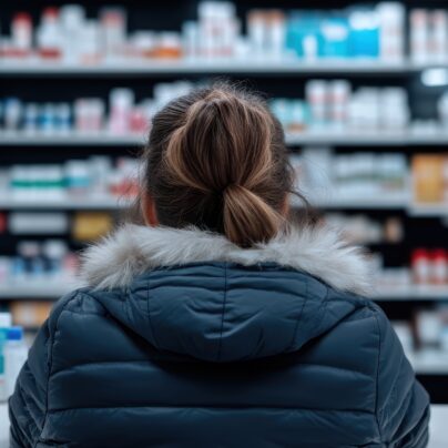 FDA side effects update, woman looking at pharmacy counter