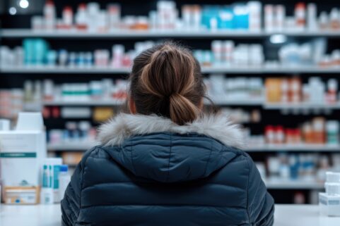 FDA side effects update, woman looking at pharmacy counter