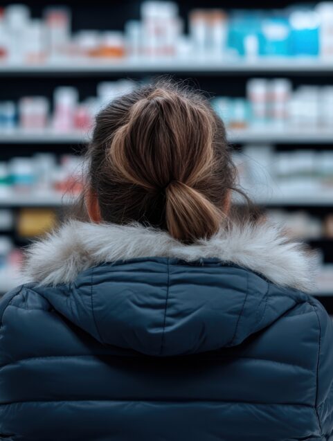 FDA side effects update, woman looking at pharmacy counter