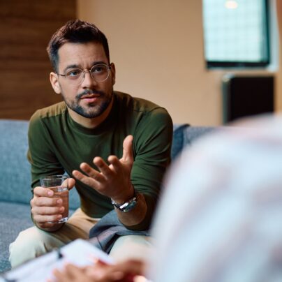 man talking to psychiatrist about antidepressants