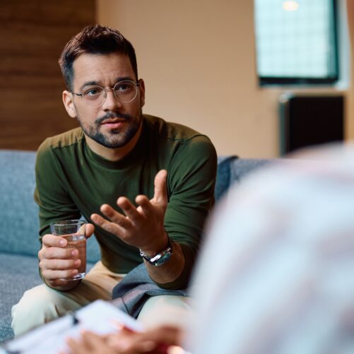man talking to psychiatrist about antidepressants