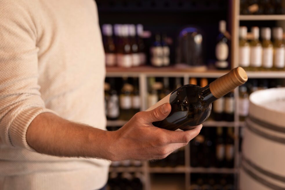 Ozempic and Alcohol, man looking at wine bottle