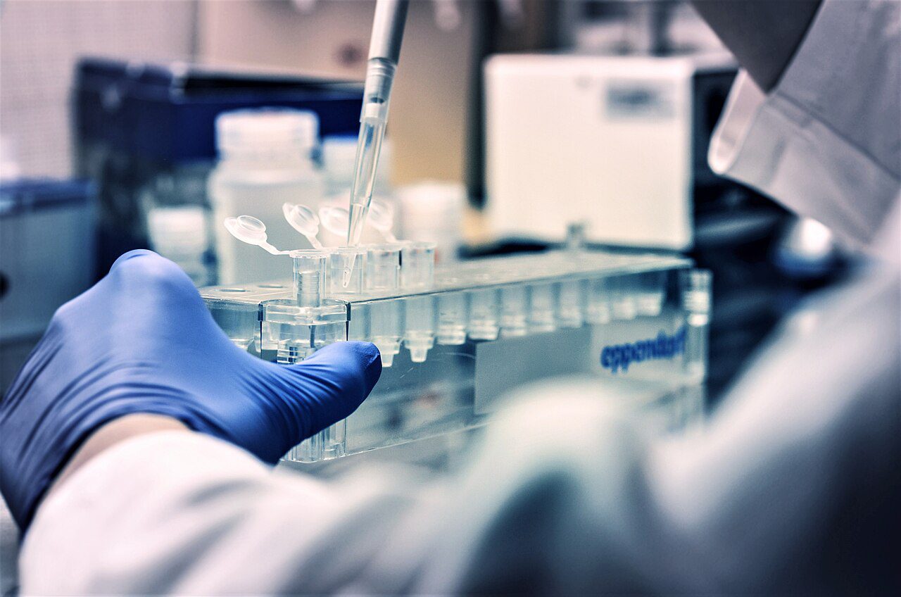 person's hands working in a lab with test tubes