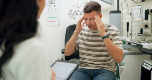 man with headache talking to doctor