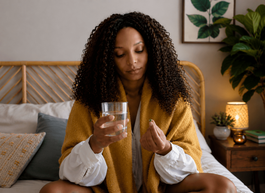 young black woman holding gas-x pill