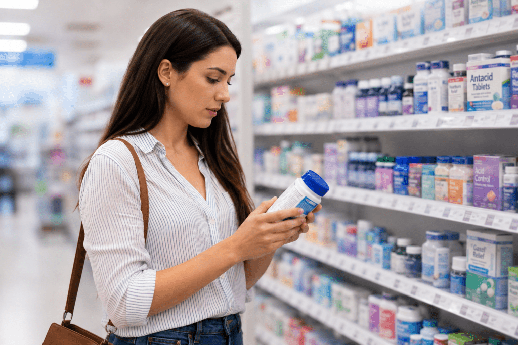 woman looking at antacids