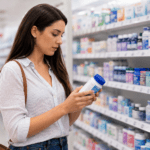woman looking at antacids