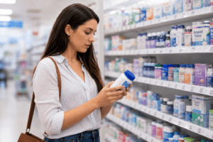 woman looking at antacids