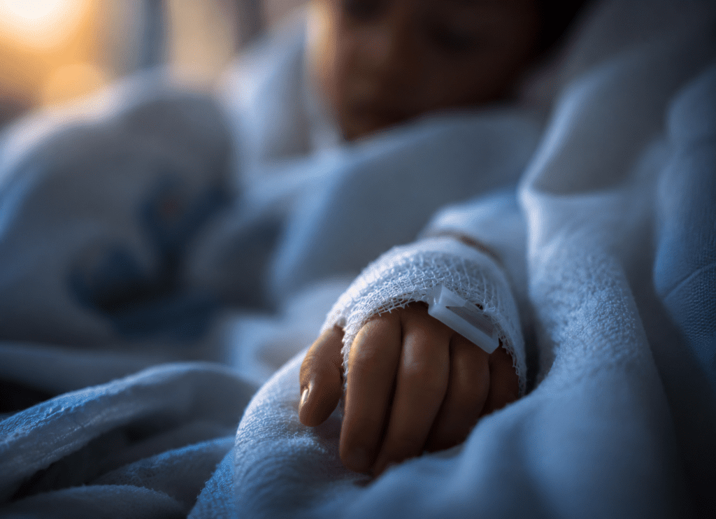 sick child in a hospital with a bandage on their hand