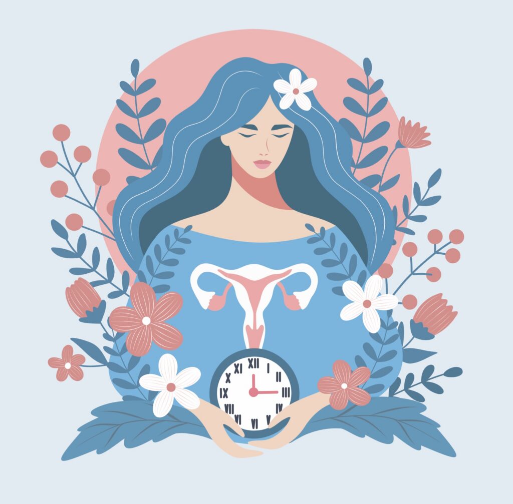 Illustration of a woman holding a clock with a uterus symbol on her shirt