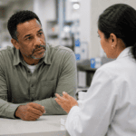 man talking to pharmacist