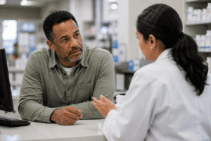 man talking to pharmacist