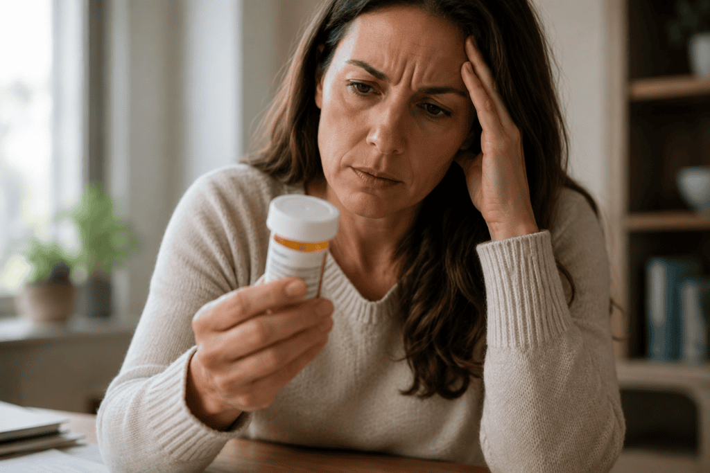 woman reading pill bottle