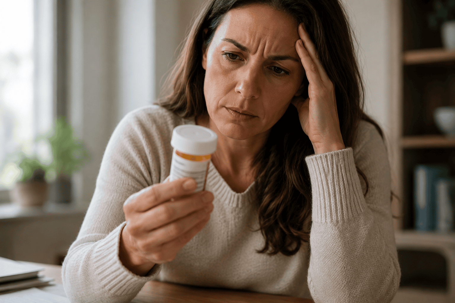 woman reading pill bottle