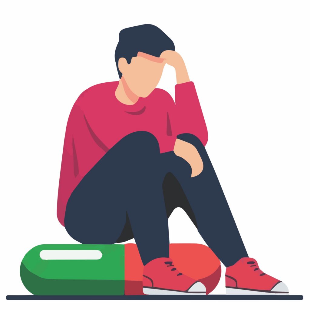 Illustration of a person sitting beside a large capsule