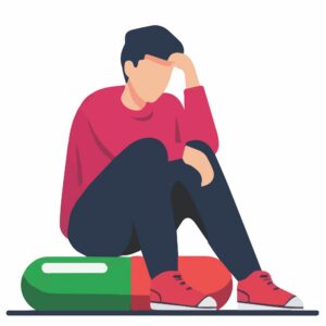 Illustration of a person sitting beside a large capsule