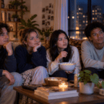 college kids watching drug ads