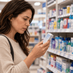 woman looking at eye drops in pharmacy