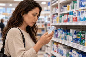 woman looking at eye drops in pharmacy